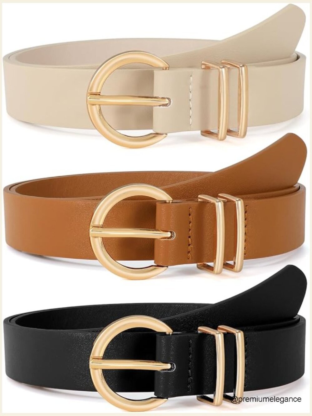 3 Pack Faux Leather Belts for Women Gold Buckle Waist Belt Set